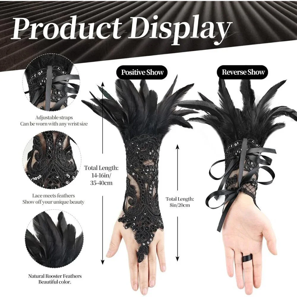 Women's Lace Feather Long Gloves Gothic Costume Accessories for Party